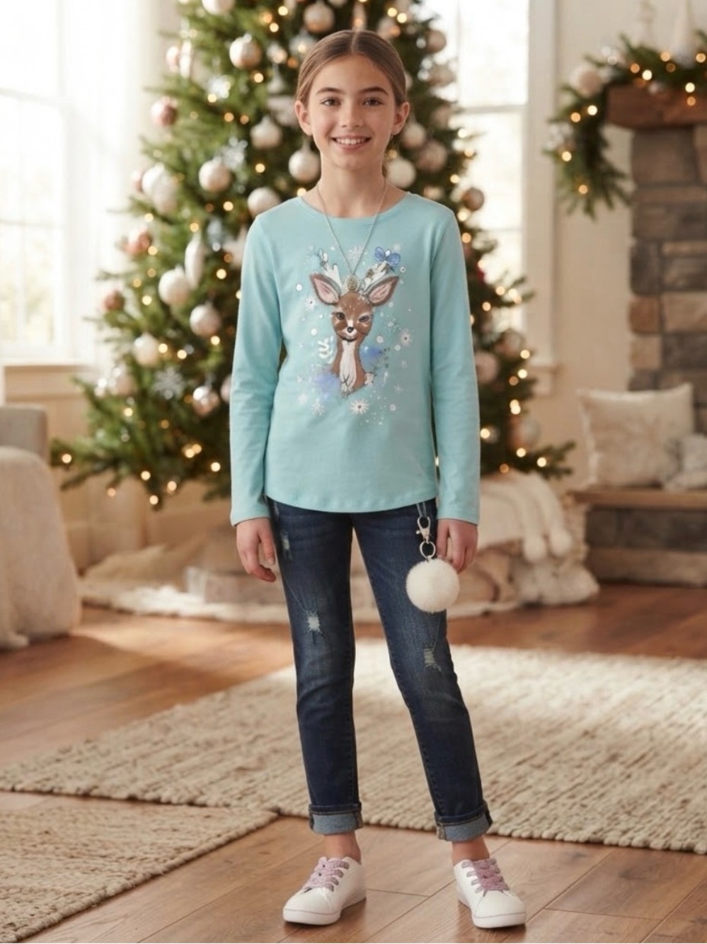 Place Teal Long Sleeve with Deer and Butterfly